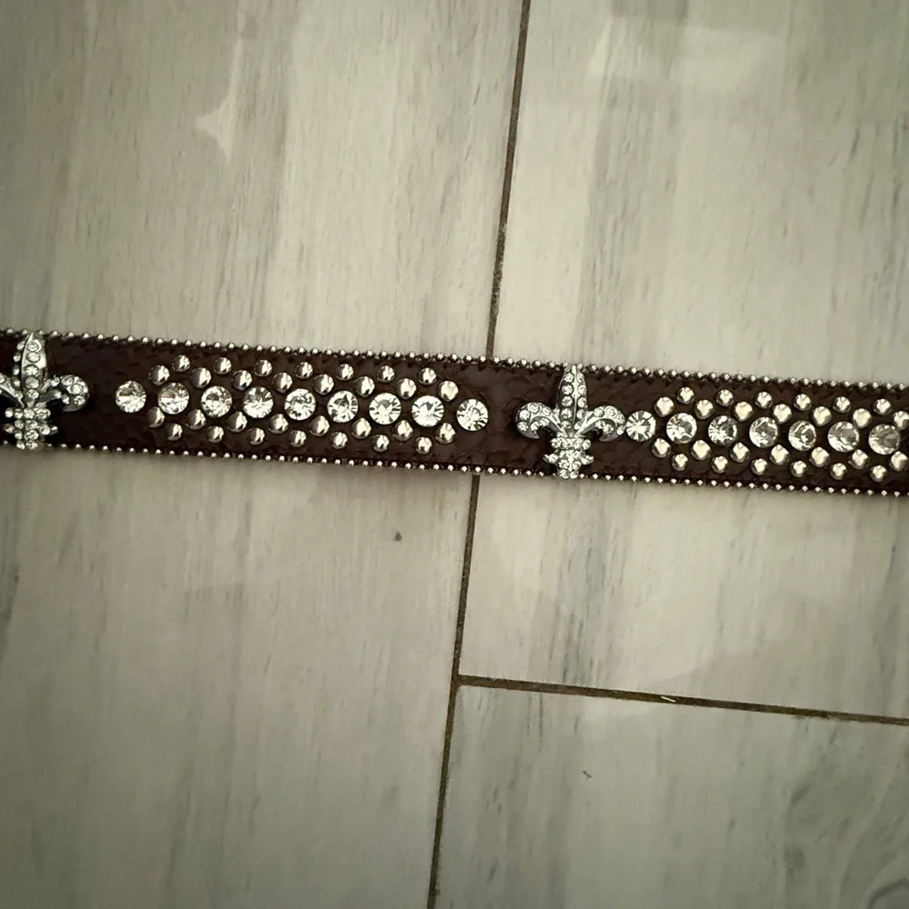 Leather Copper Bronze Fleur De Lis Western RHINESTONE Belt M SM - Picture 7 of 11